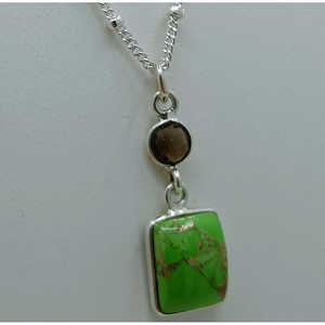 Handmade Sterling <b>Silver</b> <b>Necklace</b> Green Copper Turquoise Smoky Quartz Dual Gemstone Pendant Chain Fine Pendants Charms - Product Image 3
