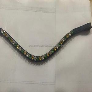 Bande de sourcils de cheval en cuir véritable 100% fait à la main, vague profonde personnalisée 1 rangée ronde cristaux clairs et cristaux verts, bande de sourcils bling - Product Image 3