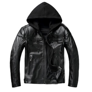 Classic Men's Winter Biker Coat Thick Genuine Cowhide Leather Jacket with Detachable Hood and Fur Decoration Wool <b>Down</b> Lining - Product Image 2