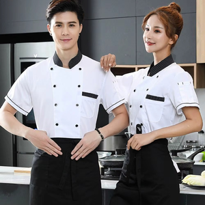 Cuello alto manga corta doble botonadura parche bolsillo Chef uniforme mujeres hombres servicio panadería transpirable Chef camisa - Product Image 1