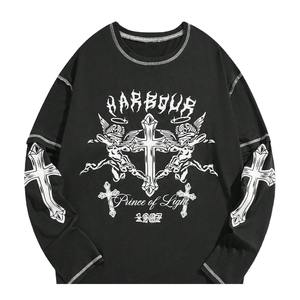 Sudadera personalizada con diamantes de imitación desgastados bordados lavado ácido de manga larga de doble capa camiseta de gran tamaño de peso pesado para hombres - Product Image 4