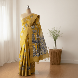 Sari de algodón Kalamkari azul mostaza con estampado étnico indio dibujado a mano, estilo Bollywood de seda pesada, largo, para festivales y fiestas. - Product Image 4