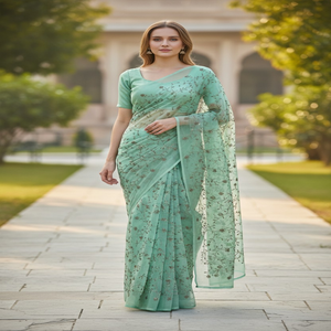 Colecciones Shubham, Saree Indio Auténtico de Calidad Superior, Color Verde Menta, con Bordado Floral y Diseño de Hojas, para Uso Diario - Product Image 1