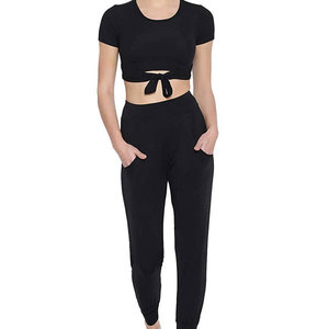 New Latest Design Black Women Short Sleeve Front Tie Crop <b>Top</b> Joggers Set 2 Piece Workout Tracksuit Yoga Fitness Lounge Wear - Product Image 6