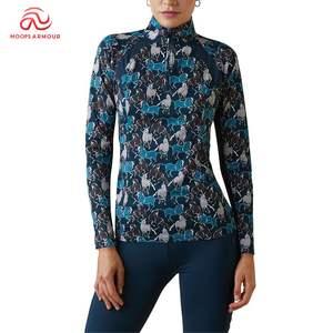 Chemises d'équitation pour femmes, neuves, bleues, imprimées, respirantes, de luxe, style western, anti-UV, avec fermeture éclair. - Product Image 1