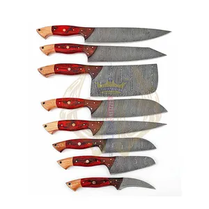 סט סכין שף למטבח 8 חלקים בעבודת יד בעבודת יד דמשק סט סכין שף עם כיסוי עור 12 אינץ' סכין שף