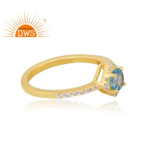 แหวนพลอย925ชุบทอง18K ชุบทอง18K แหวนพลอยบุษราคัมสีฟ้าเพชรสังเคราะห์จากธรรมชาติ - Product Image 4