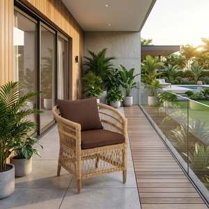 Fauteuil en rotin tressé naturel, fauteuil d'appoint en forme de tonneau avec coussin marron, chaise de jardin d'extérieur, décoration d'intérieur, design artistique pur - Product Image 2