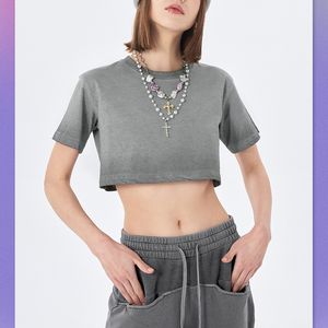 Nouveau T-shirt court boutonné dégradé délavé personnalisé pour femme en polyester/coton – Collection été - Product Image 4