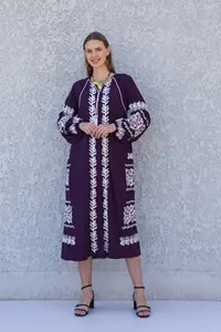 Prix le plus bas bohème 100% coton Maxi robe Vintage lourde broderie travail à manches longues ukrainien Wrap mi-longueur dames robe - Product Image 6