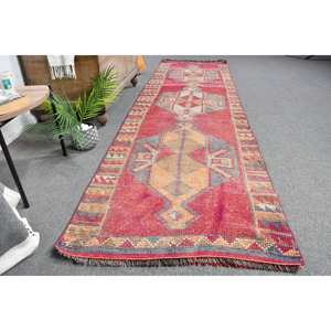 Vintage 28 X 102 ft <b>Red</b> & Beige Turkish <b>Wool</b> Rug Flat Weave Patchwork Pattern for Living Room Decor Latex Backed - Product Image 4