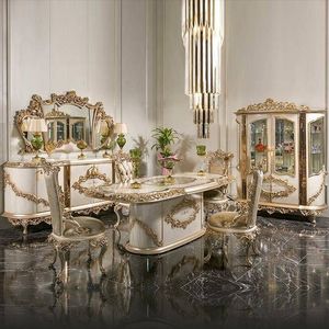 Imperiosa Hotel Emma Luxury <b>Dining</b> <b>Table</b> Set Solid Teak Wood <b>White</b> Gold Hand Carved Palace Furniture Collection dinning <b>table</b> - Product Image 3