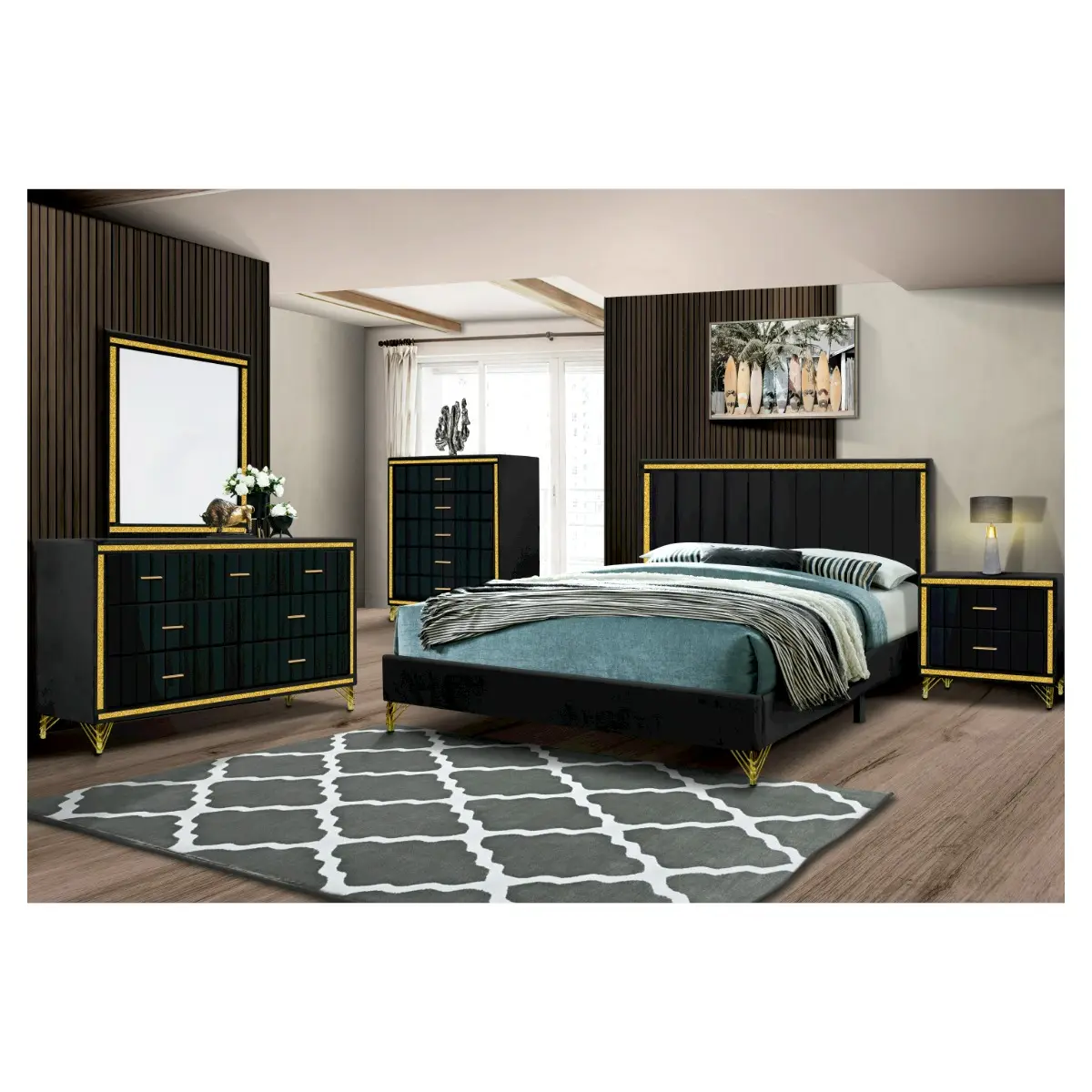 NEW BEST SELLING DESIGN MODERN MERIDIAN BEDROOM SET DESIGN WITH UPHOLSTERED 5 PCS BEDROOM SETS IN VELVET BLACK GOLD GLITTER PVC