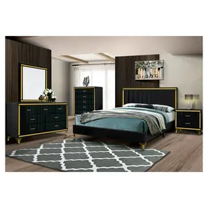 Nuovo DESIGN più venduto moderno SET camera da letto meridiana DESIGN con SET di camere da letto imbottiti da 5 pezzi IN velluto nero oro GLITTER PVC