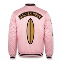 Blouson Bomber Personnalisé Homme MA-1 Satin Rose Pâle Noir Patchs Chenille Doublure Sublimée Logo Personnalisé OEM Streetwear