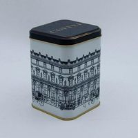 Boîte en métal carrée vintage Kontensan ER0182A 90x90x125 mm avec illustration de paysages urbains, 1L, couvercle coulissant, accessoires pour café et thé