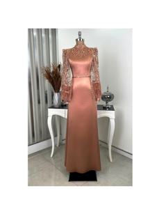 Robe de soirée en satin avec perles et paillettes Cape détaillée brodée sur le devant Abaya robe islamique modeste - Product Image 6