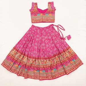 Ensemble Lehenga Choli traditionnel pour enfants Shoryam Fashion, rose Ajrakh, longueur au sol |   Tenues de fête de mariage festives pour filles |   Haut à séchage rapide - Product Image 2