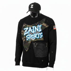 Sweat-shirts basiques en molleton premium 300 GSM pour hommes, noirs avec panneau camouflage, broderie de logo personnalisé et look délavé élégant - Product Image 2