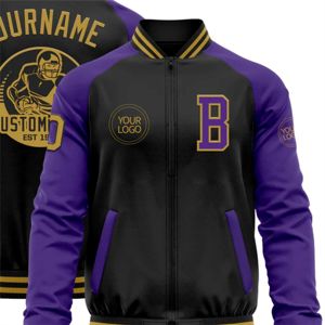 OEM Fabrication sur mesure Blouson bombardier noir vieux or-violet de haute qualité Varsity Letterman Veste à fermeture éclair deux tons - Product Image 5