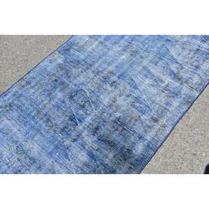Alfombra turca azul Vintage de 3,6x8,5 pies, alfombra clásica de área grande con respaldo de látex de lana, alfombra rectangular abstracta para habitación de pasillo - Product Image 5