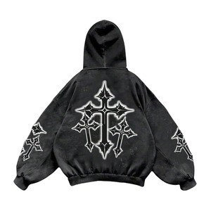 black grunge style hoodie with a washed distressed finish bold gothic <b>cross</b> graphics on the sleeves and a minimal chest - Product Image 2