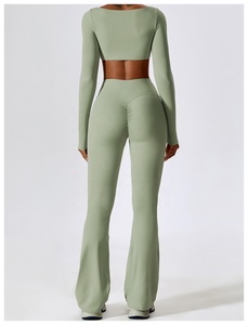 Women Yoga Set Solid Green 2 Piece High Waist Flared Leg Pants <b>Square</b> <b>Neck</b> <b>Long</b> <b>Sleeve</b> Crop <b>Top</b> Seamless Workout Clothes - Product Image 3