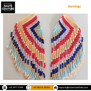 12 cm de Long forme angulaire à la main brodé à la main rouge indien plume tête robe perlée glands boucles d'oreilles goutte pour les femmes - Product Image 4