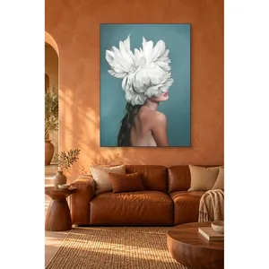Fida Turquoise Background Woman with White Feather Headdress <b>Canvas</b> Print - Product Image 2