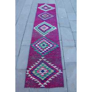 Vintage Rug, <b>Runner</b> 2.1x9.1 ft Turkish Rug, Pink <b>Green</b> Solid Wool Rug - Product Image 1