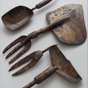 Ensemble d'outils de plantation en fer vintage en vernis patiné fait à la main conçu pour combiner la fonction de jardinage avec la décoration rustique - Product Image 6