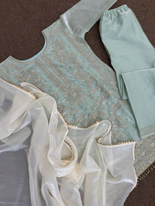 Heavy Designer Pure Silk Heavy Embroidery and Riveted Moti Work <b>Kurti</b> and Pant With Fancy Latkan Lace Border Dupatta - Product Image 2