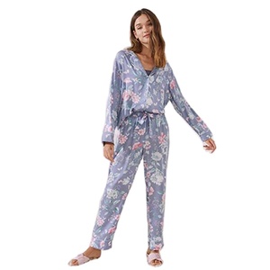 Conjunto de Pijamas para Mujer, 2 Piezas, Diseño Sólido, Traje de Pantalón Largo y Manga Larga, Ropa de Dormir de Satén y Seda para Mujer, Primavera/Verano - Product Image 1