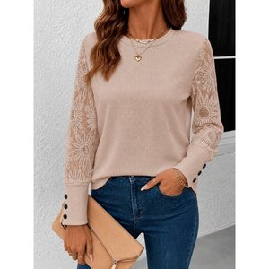 Women'<b>s</b> Long Sleeve Crew Neck Floral Sleeve Waffle <b>Blouse</b>, 37586 - Beige - Product Image 4