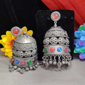 Boucles d'oreilles surdimensionnées pour femmes, oxydées, avec pierres, élégance ethnique, finition argentée, charme vintage, mariages, événements culturels - Product Image 1