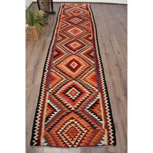 Vintage Turkish <b>Runner</b> Rug 3x12.7 ft Kilim <b>Red</b> Wool Patchwork Rug with Latex Backing Eco-Friendly - Product Image 1