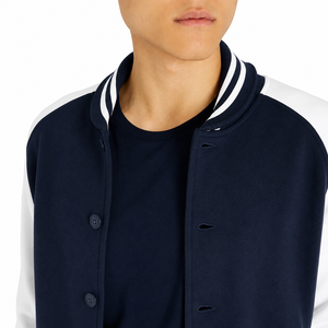 Men's Navy White Varsity Jacket Casual Style Regular Fit <b>Covered</b> <b>Button</b> Closure Stand Collar Knitted Polyester Quick Dry Winter - Product Image 4