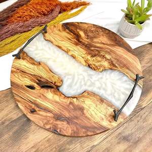 Bandeja de servicio de resina de madera hecha a mano con elegante incrustación de ágata - Product Image 4