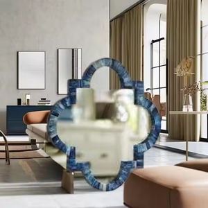 Espejo de pared redondo antiguo moderno con marco de incrustaciones de hueso azul oscuro de metal y madera para baño o ocasiones de boda - Product Image 2