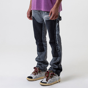 กางเกงยีนส์ขาบานแบบสองสีของผู้ชายกางเกงยีนส์ผ้าขนแกะเคลือบสีทูโทนกางเกงยืดเข้ารูปแบบหลวมระบายอากาศกลางแนวสตรีท - Product Image 4