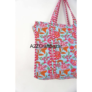 Sac fourre-tout en coton matelassé fait à la main grande capacité sac de marché écologique Jhola bloc impression fleur épaule conception cadeaux - Product Image 2