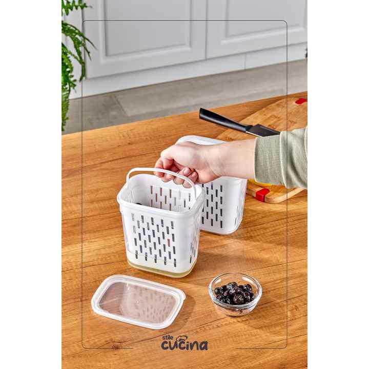 Set of 2 Advantageous 2 Liter Pickle Juice Olive Jug Storage Container with Strainer and Handle Multi-Purpose Rectangular White