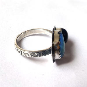 Bagues en argent Opalite et onyx noir, bague lune en argent faite à la main pour femmes, bijoux bohème - Product Image 4