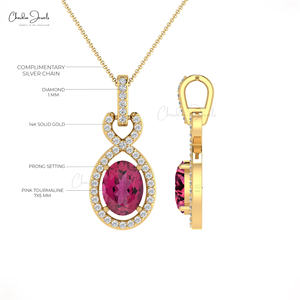 Vente en gros collier en or 14 carats pour femmes 0.68 ct tourmaline rose naturelle diamant Halo déclaration pendentif perle fine pendentifs breloques - Product Image 2
