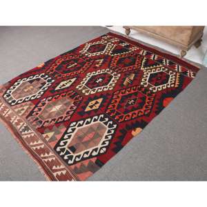 Alfombra Turca Vintage de 4.8x6.7 pies, Alfombra de Lana con Diseño de Plantas y Árboles en Rojo Marrón - Product Image 2