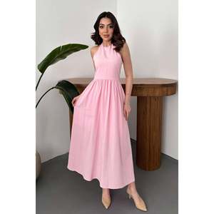 Pink Smocked Back Linen <b>Dress</b> - Pink - Product Image 2