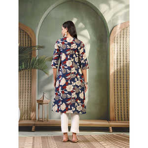 Kurta Recta de Algodón con Estampado Floral Azul para Mujer, Cuello Redondo, Largo hasta la Pantorrilla, Primavera/Verano, Top de Popelina XL, Estilo Coreano con Patrón a Cuadros - Product Image 3