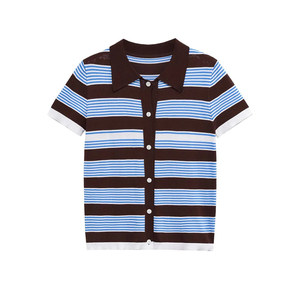 Novedad verano Mujer casual versátil hebilla cerrada rayas manga corta punto Polo cuello top - Product Image 4