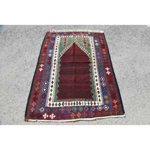 Turkish Rug, Accent 4x5.4 ft Vintage Rug, <b>Red</b> Bordered <b>Wool</b> Rug - Product Image 1