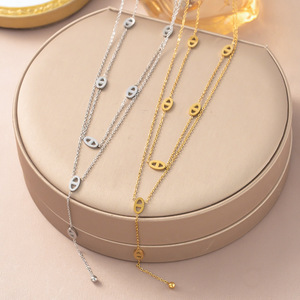 Collana a <span class=keywords><strong>Y</strong></span> con doppio strato di nappe e naso di maiale, in acciaio inossidabile placcato oro 18K, catena regolabile per clavicola da donna, anti-ossidazione - Product Image 1